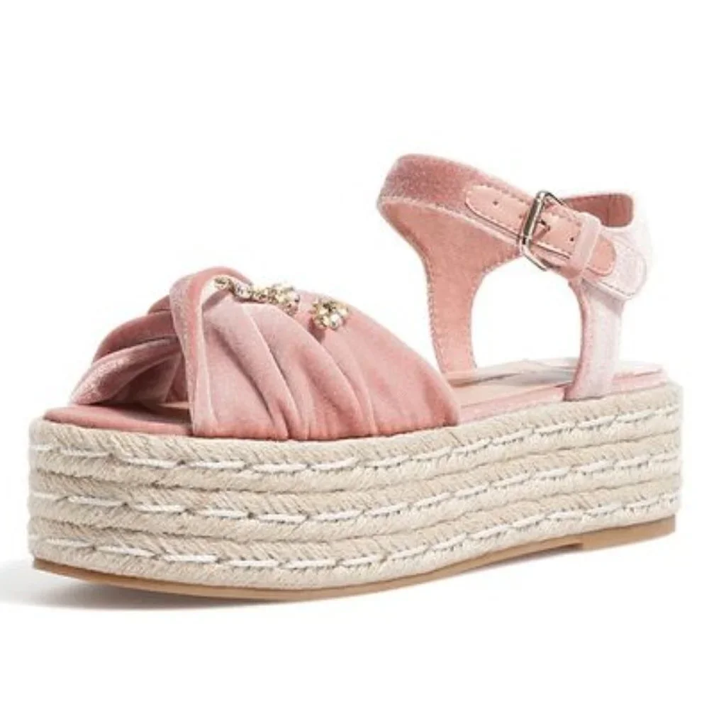 Stradivarius Flatforms Jute Velvet Jeweled Sandals